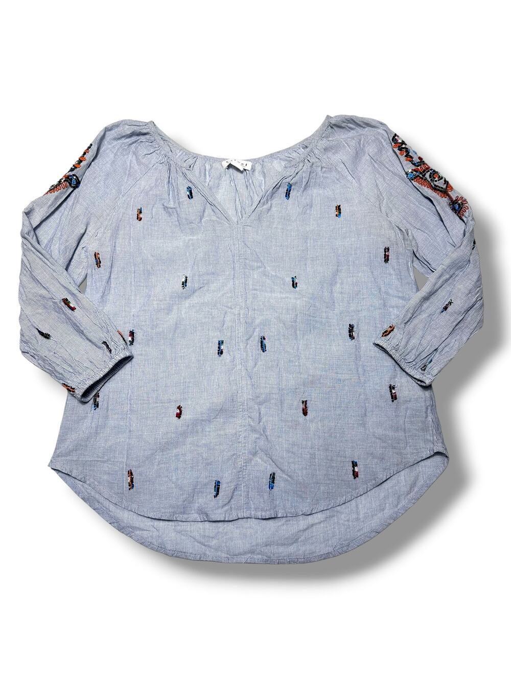 Velvet by Graham & Spencer Blue Pinstripe Embroidered Beaded Peasant Top Small